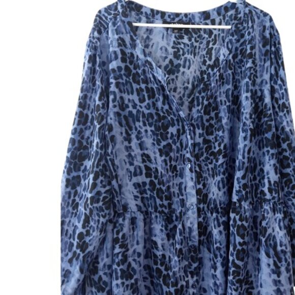 Chelsea Studio Womens Button Front Babydoll Tunic Top Blue Leopard Print Plus 4X - Picture 2 of 3